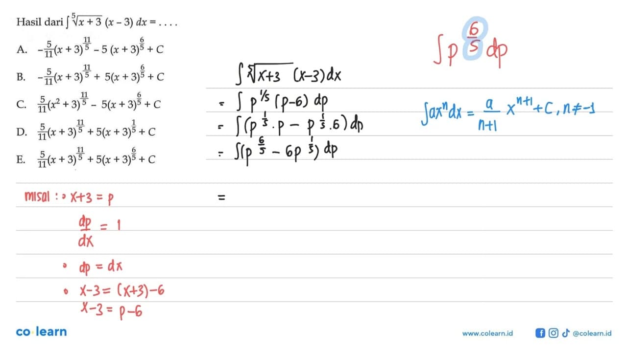 Hasil dari integral (x+3)^(1/5)(x-3) dx= ...