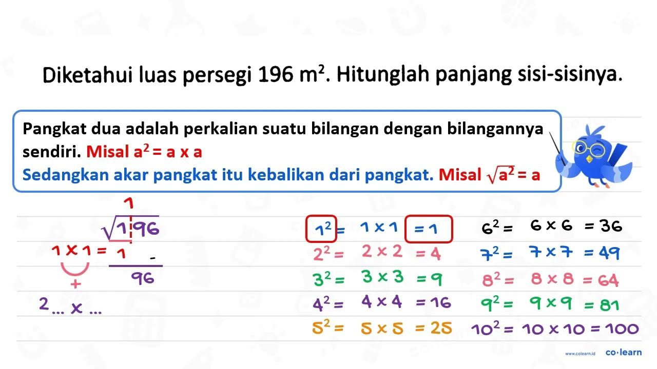 Diketahui luas persegi 196 m^2 . Hitunglah panjang