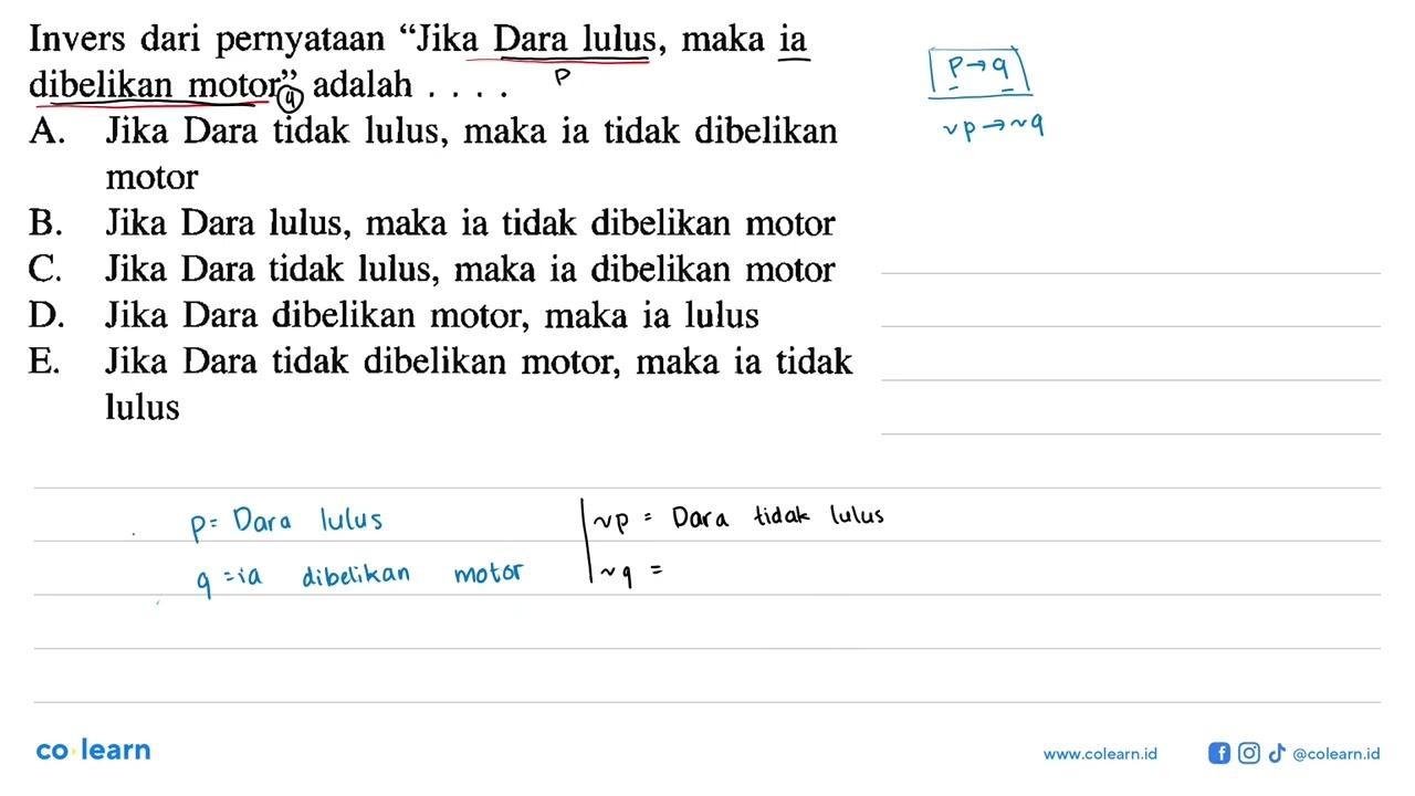 Invers dari pernyataan 'Jika Dara lulus, maka ia dibelikan