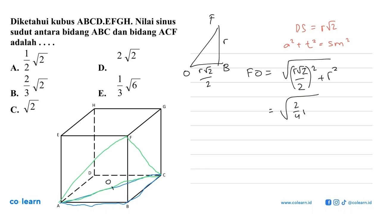 Diketahui kubus ABCD.EFGH. Nilai sinus sudut antara bidang