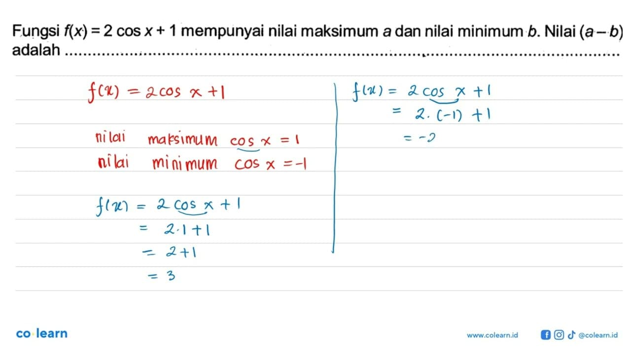 Fungsi f(x) = 2 cos x + 1 mempunyai nilai maksimum a dan