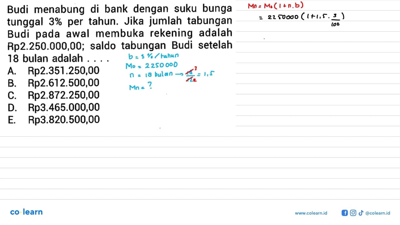 Budi menabung di bank dengan suku bunga tunggal 3% per