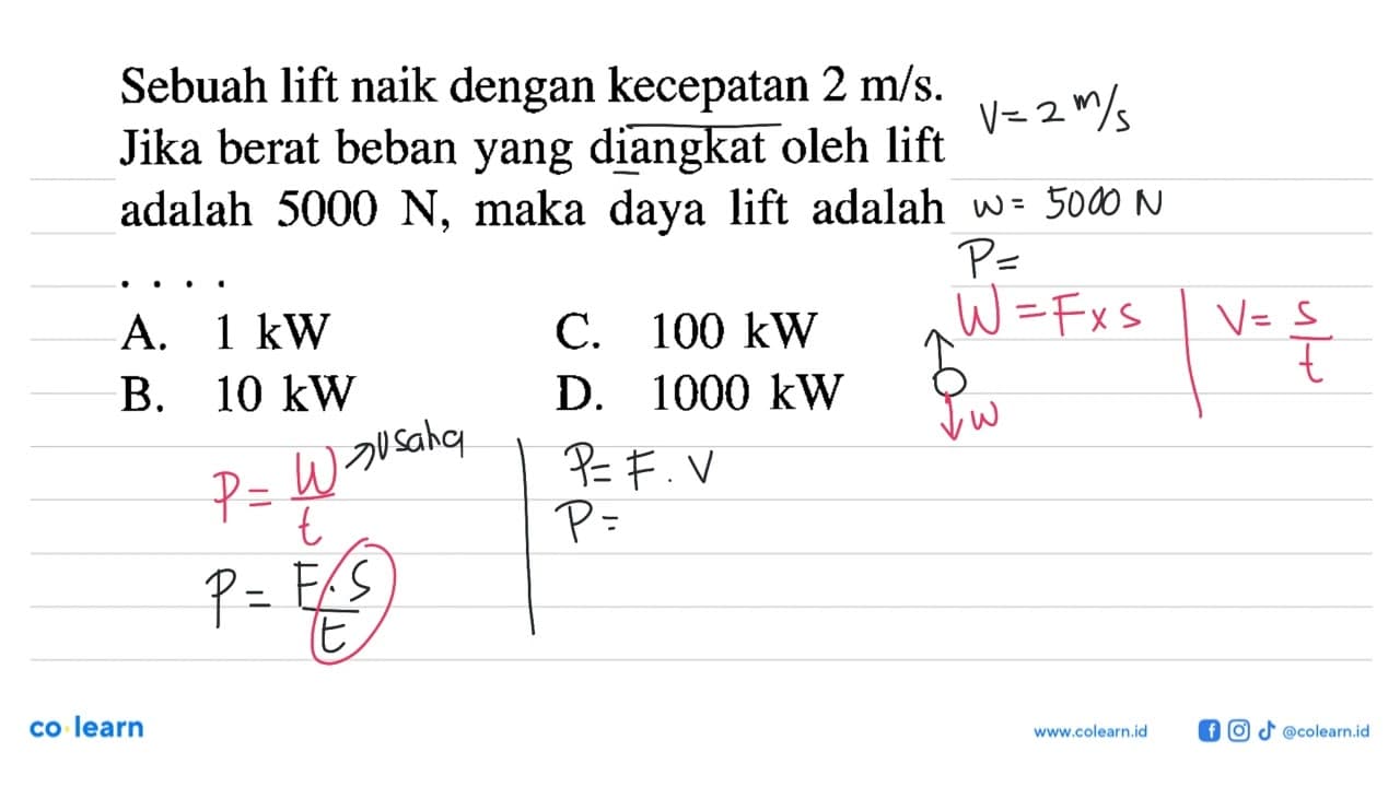 Sebuah lift naik dengan kecepatan 2 m/s. Jika berat beban