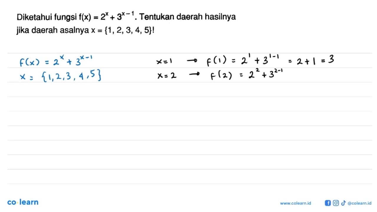 Diketahui fungsi f(x)=2^x+3^(x-1). Tentukan daerah hasilnya