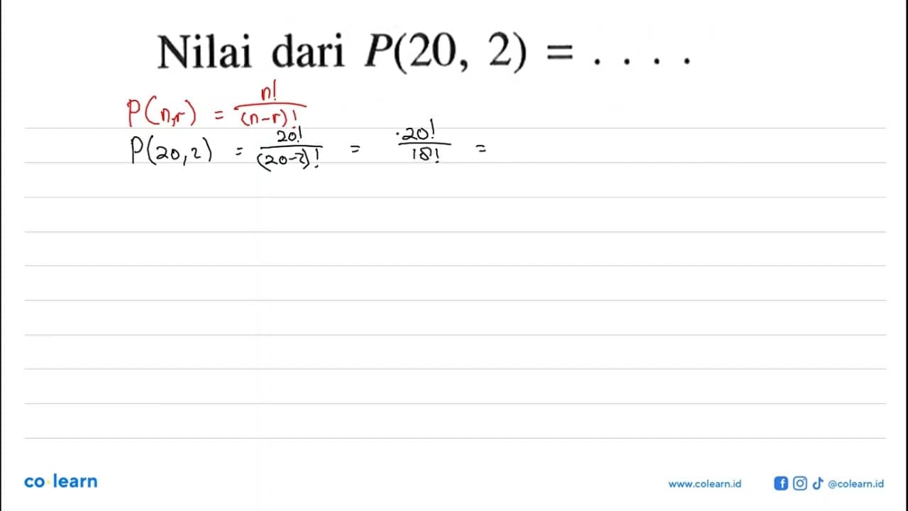 Nilai dari P(20,2)=....