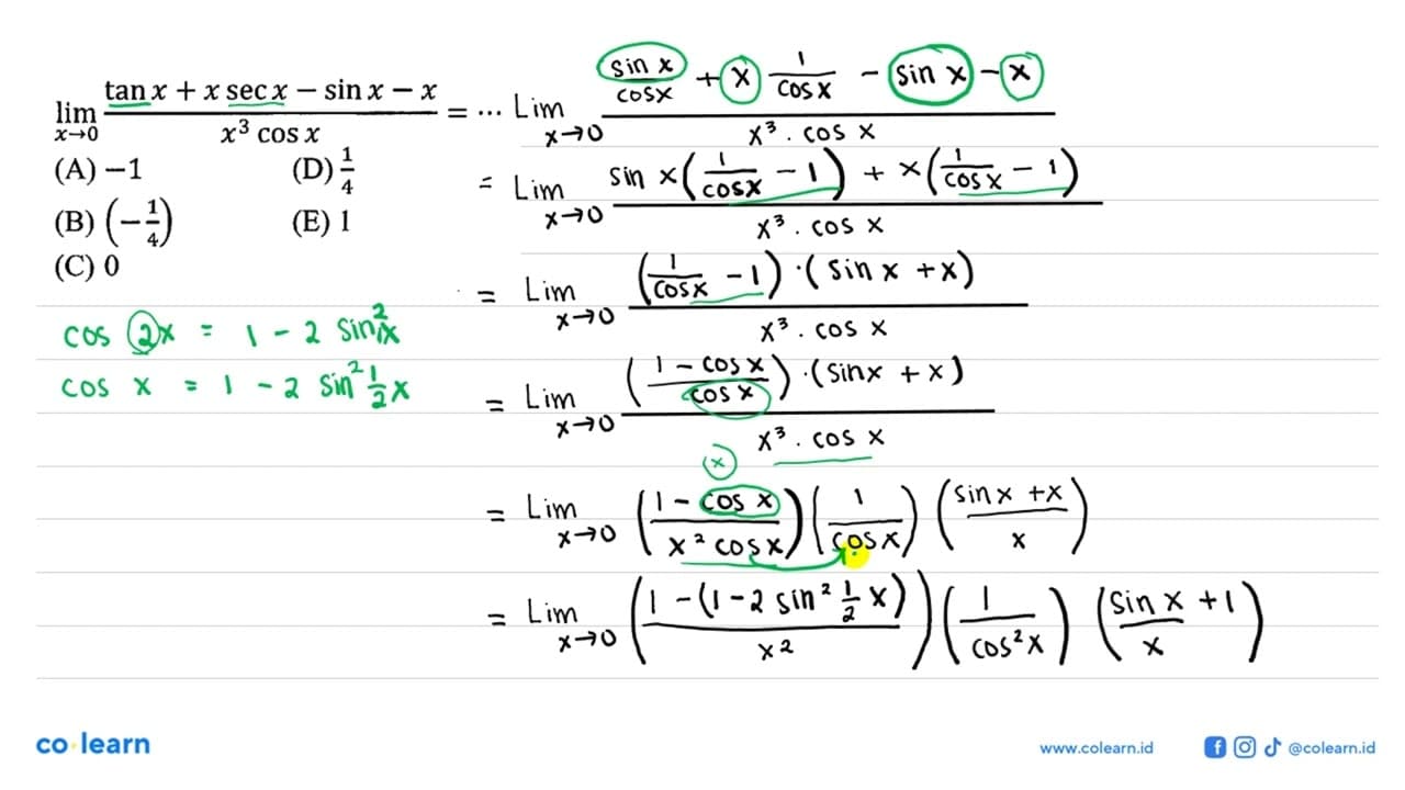 lim x->0 (tan x+xsec x-sin x-x)/(x^3 cos x)=...