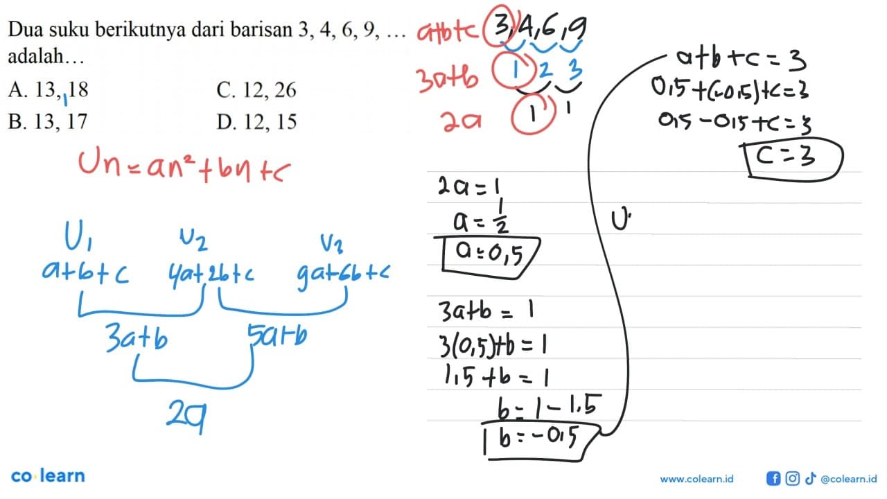 Dua suku berikutnya dari barisan 3,4,6,9, ... adalah ... A.