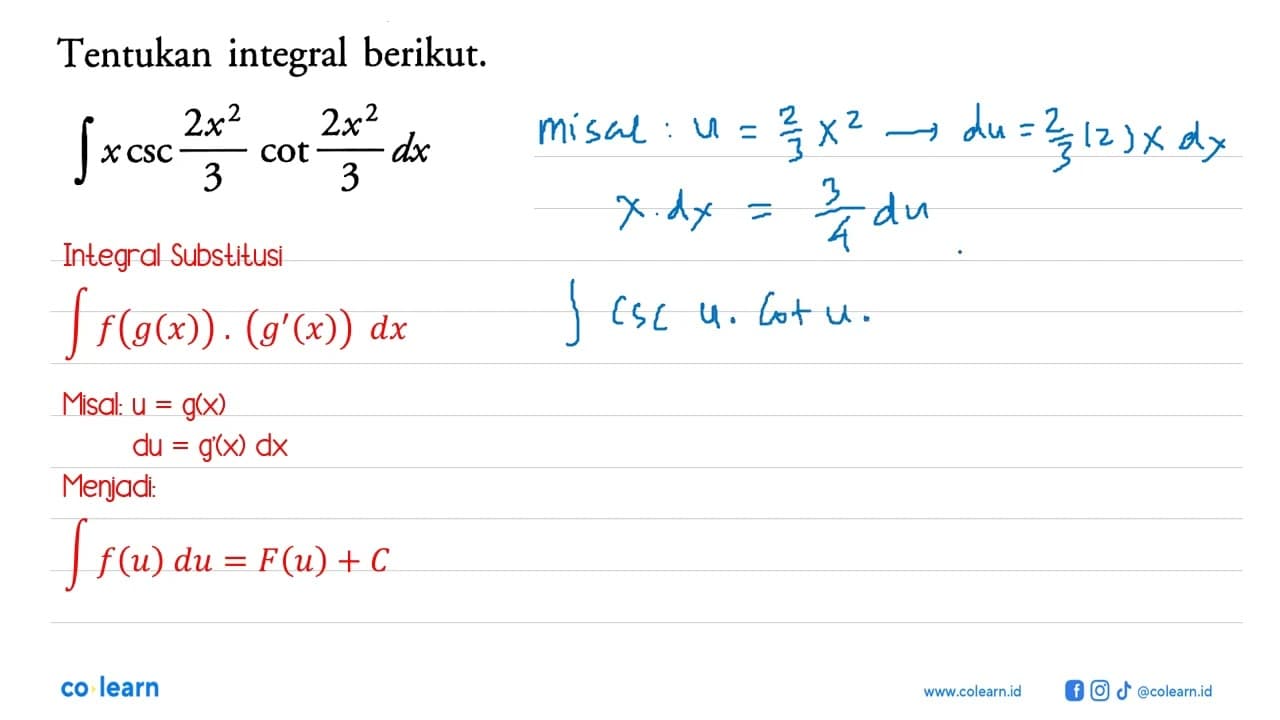 Tentukan integral berikut. integral x csc (2x^2)/3 cot