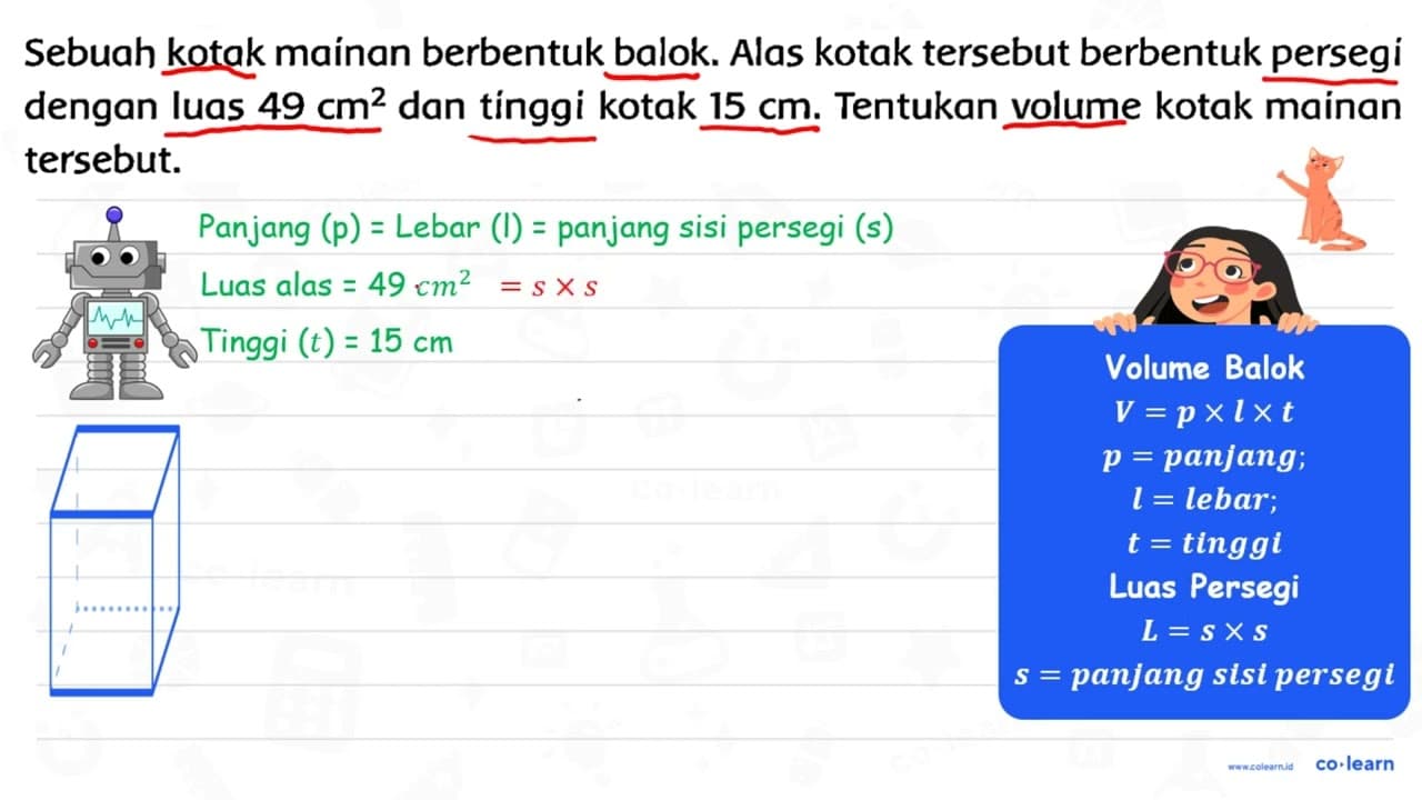 Sebuah kotak maínan berbentuk balok. Alas kotak tersebut