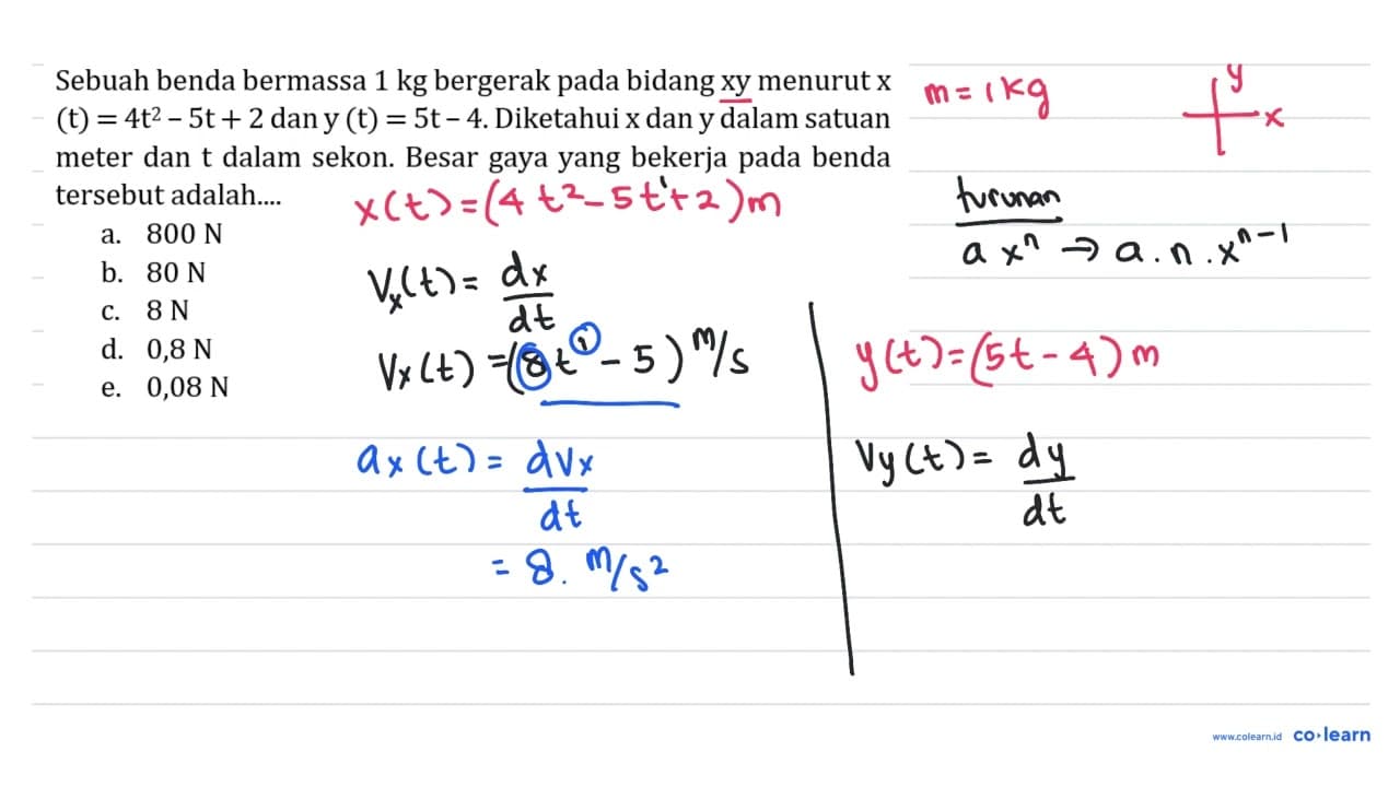 Sebuah benda bermassa 1 kg bergerak pada bidang xy menurut