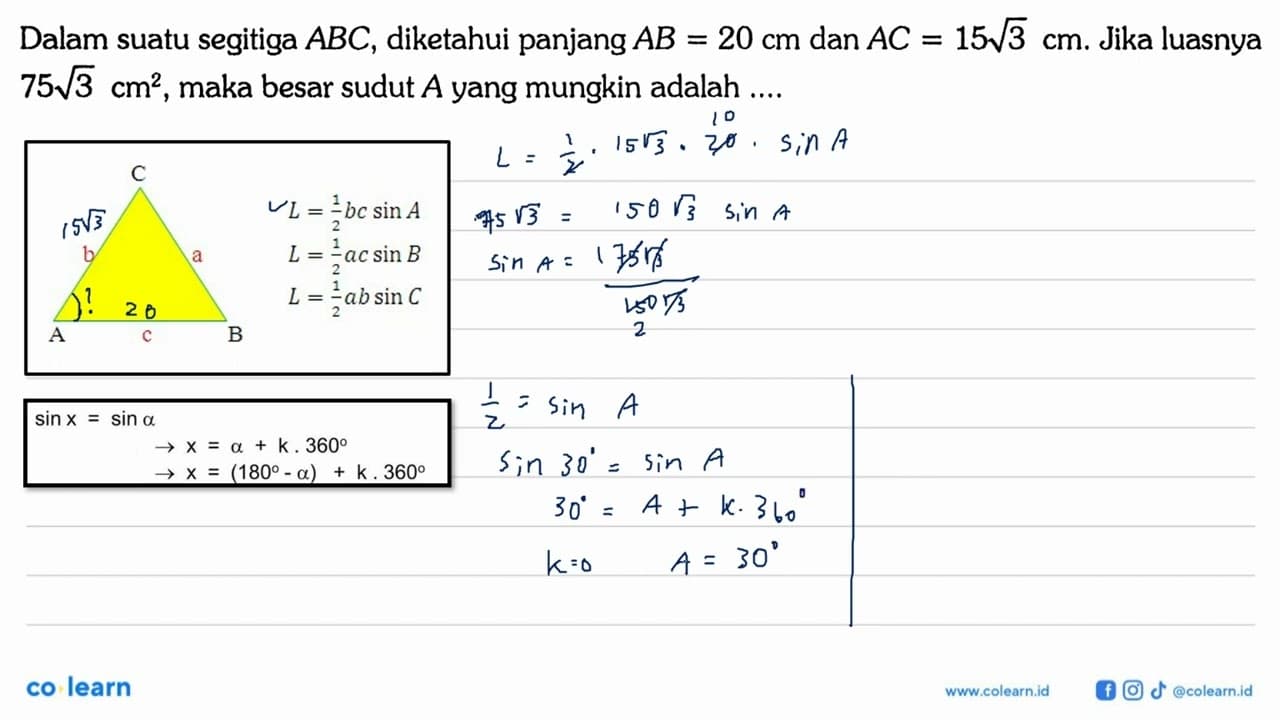 Dalam suatu segitiga ABC, diketahui panjang AB=20 cm dan