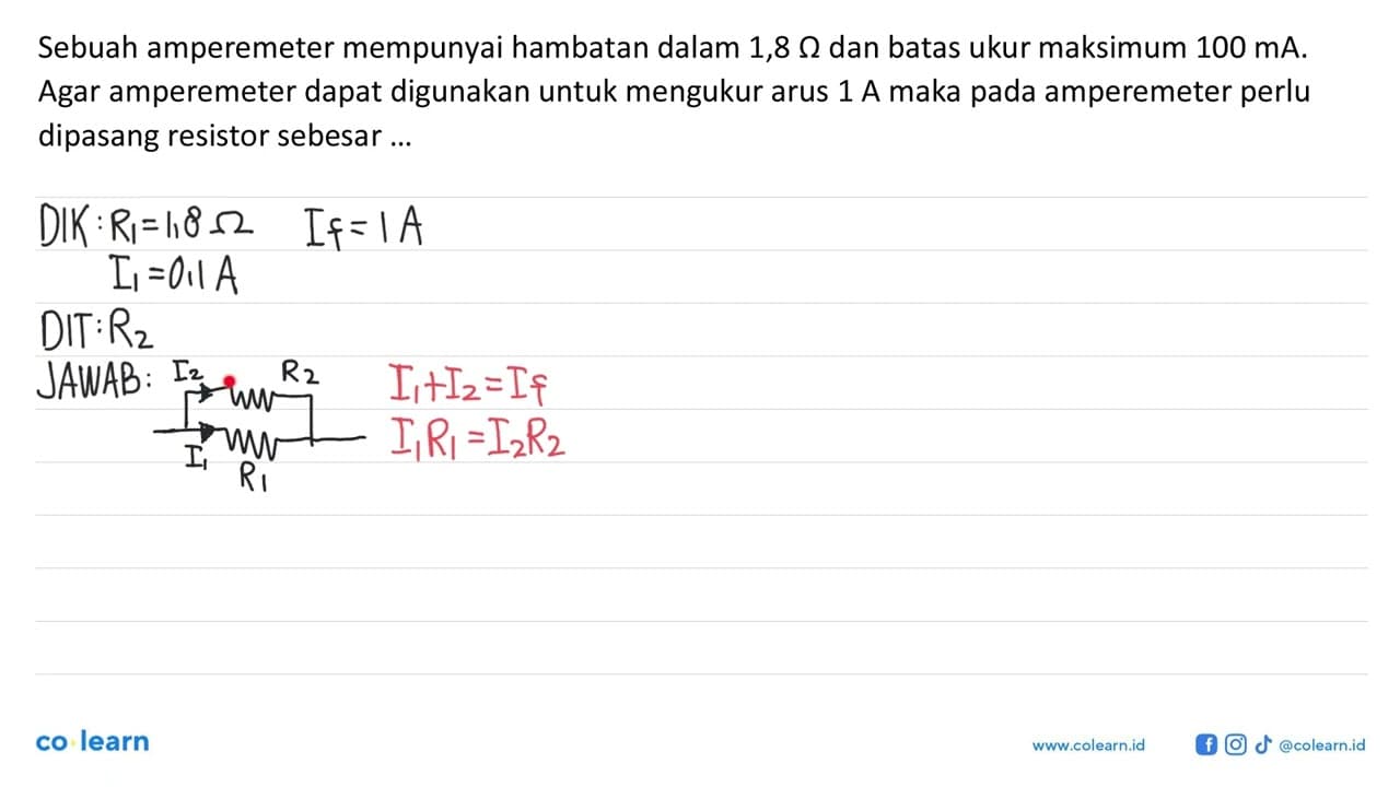 Sebuah amperemeter mempunyai hambatan dalam 1,8 Ohm dan