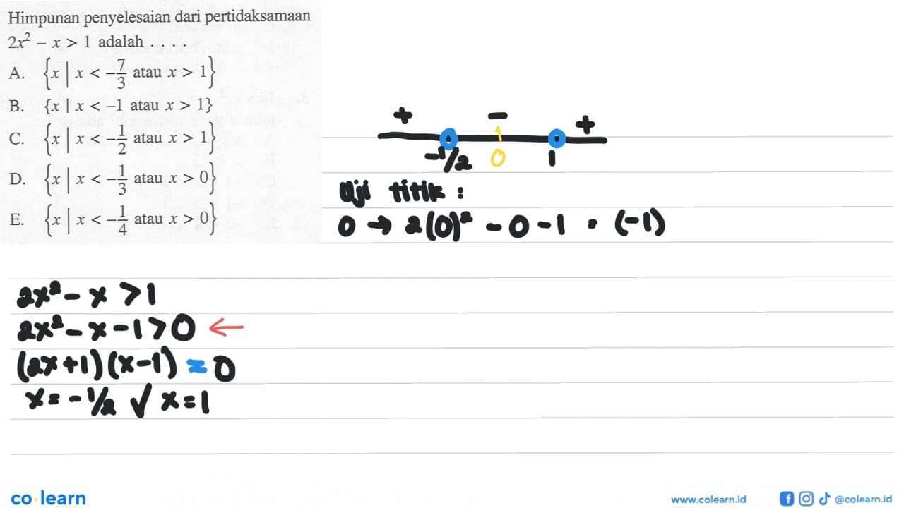 Himpunan penyelesaian dari pertidaksamaan 2x^2-x>1 adalah