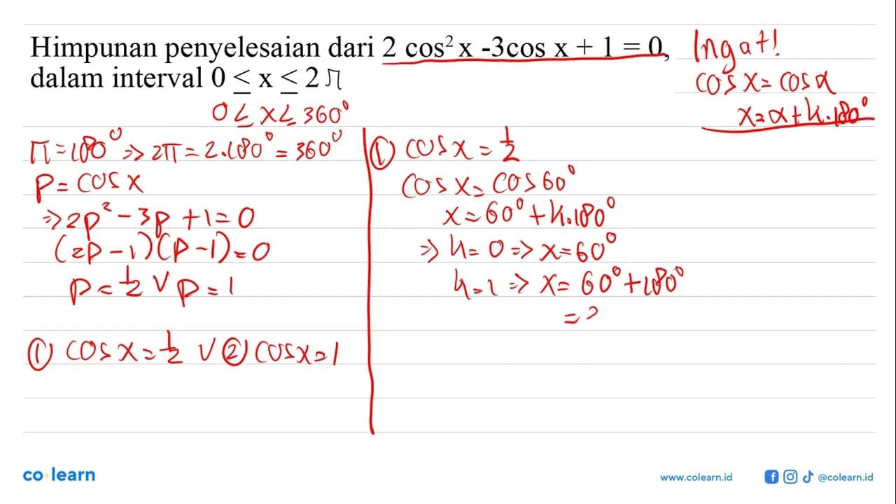 Himpunan penyelesaian dari 2cos^2(x)-3cos x+1=0, dalam