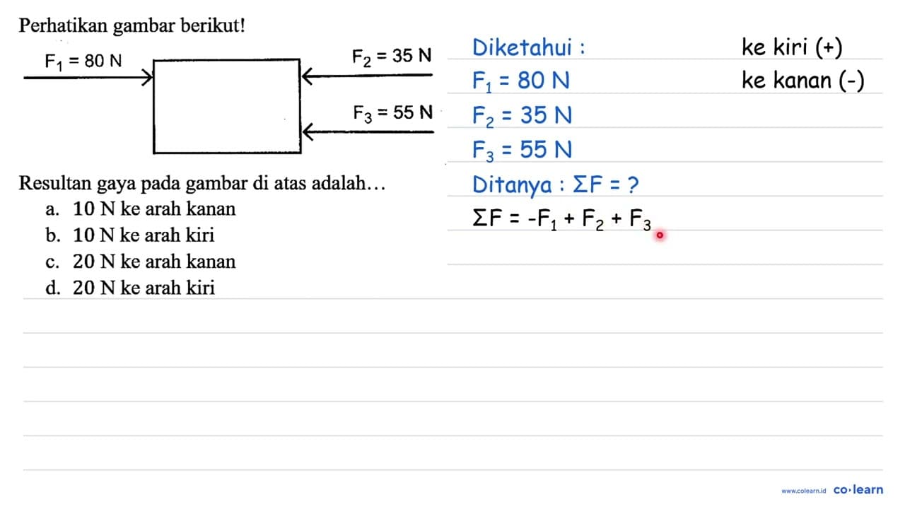 Perhatikan gambar berikut! F1 = 80 N F2 = 35 N F3=55 N