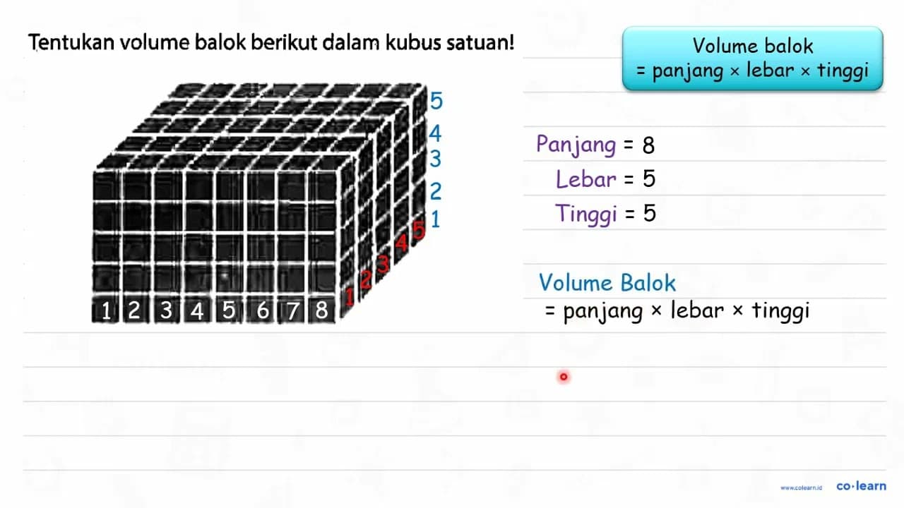 Tentukan volume balok berikut dalam kubus satuan!