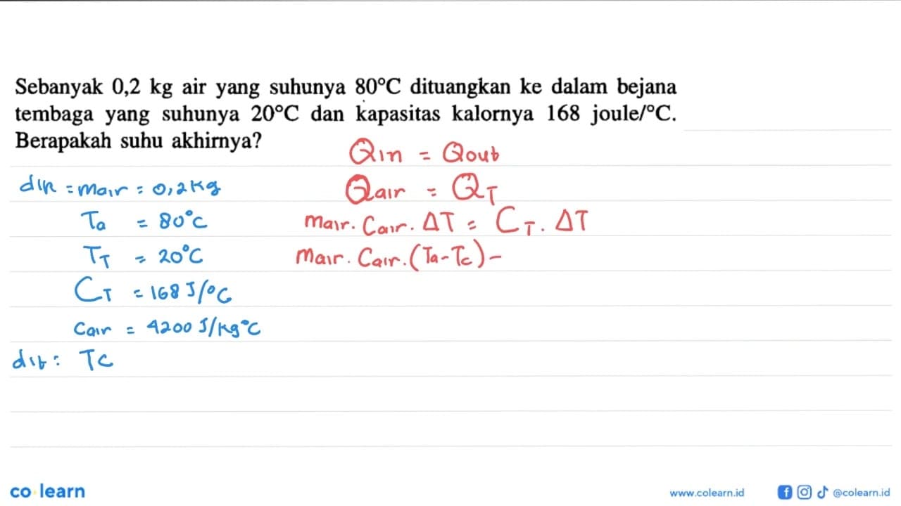 Sebanyak 0,2 kg air yang suhunya 80 C dituangkan ke dalam