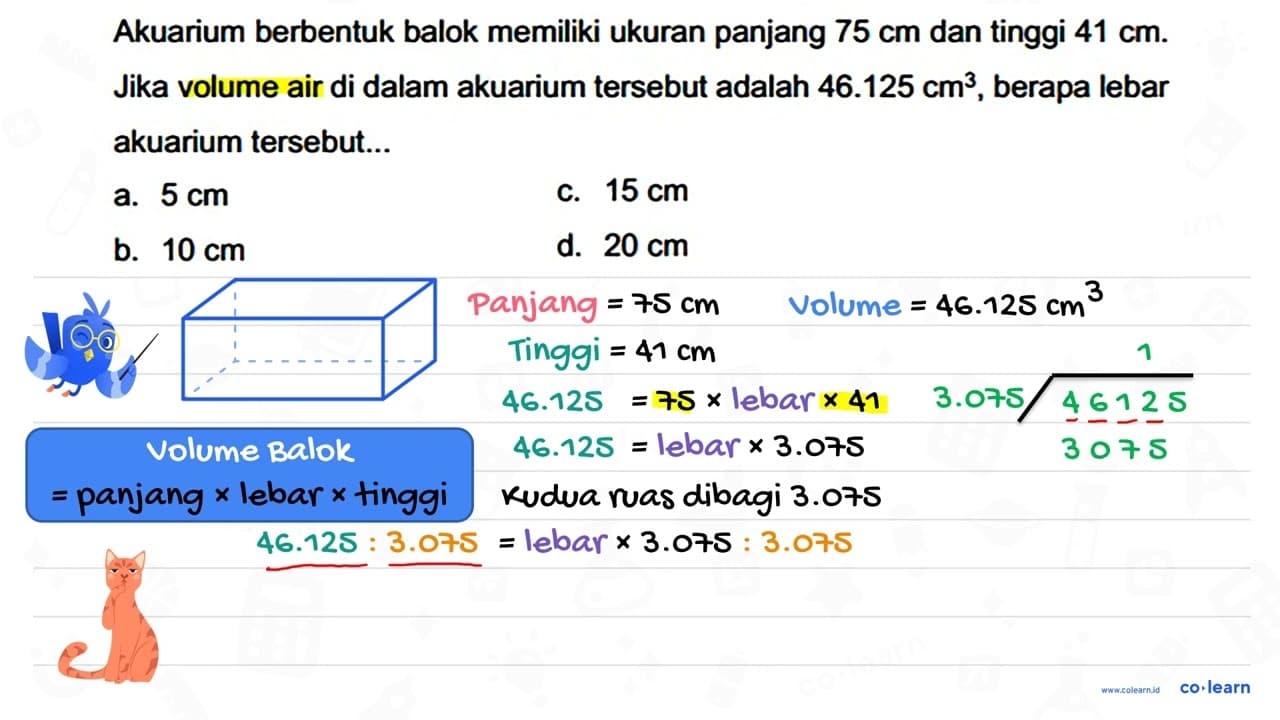 Akuarium berbentuk balok memiliki ukuran panjang 75 cm dan