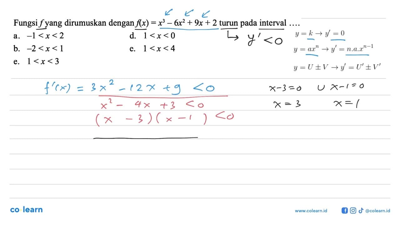 Fungsi f yang dirumuskan dengan f(x)=x^3-6x^2+9x+2 turun