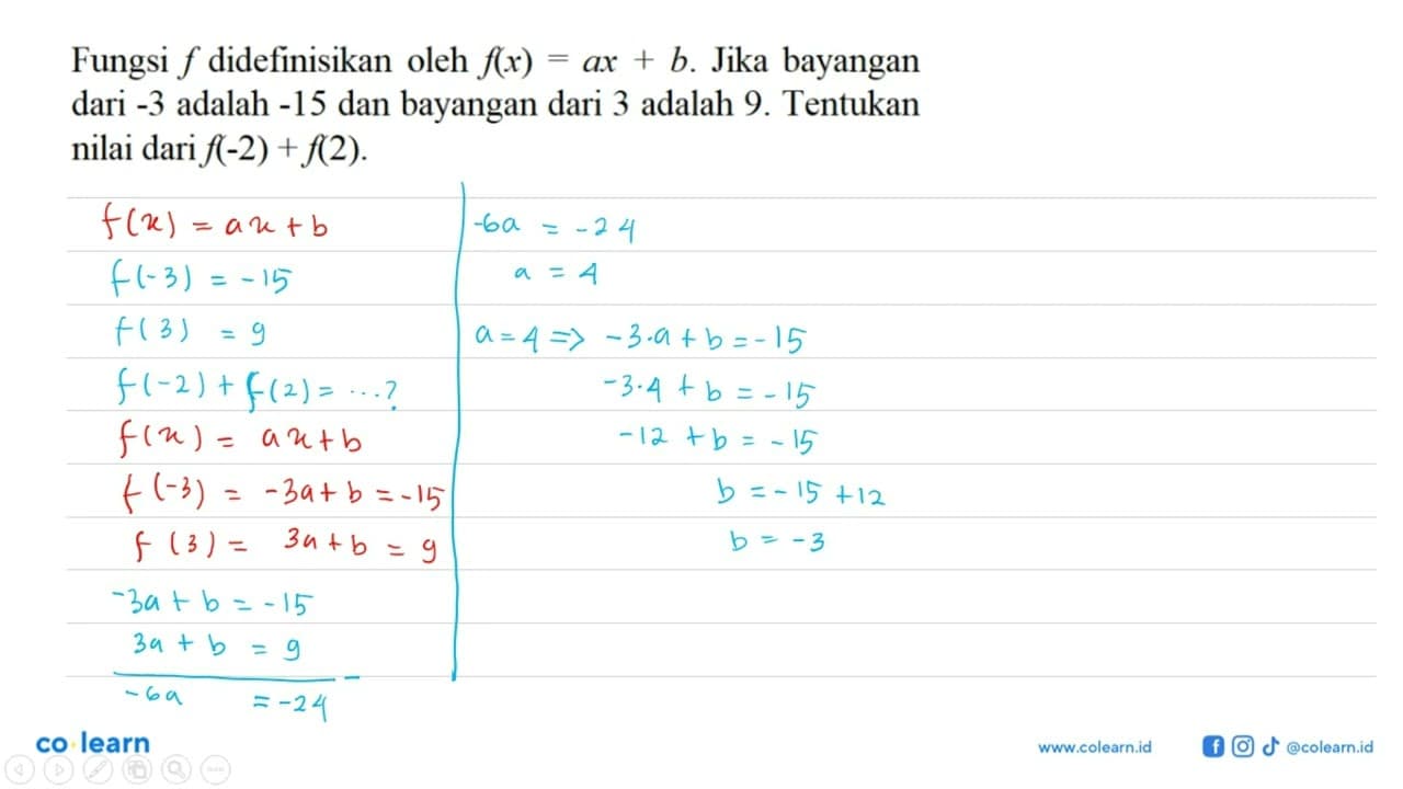 Fungsi f didefinisikan oleh f(x) = ax + b. Jika bayangan