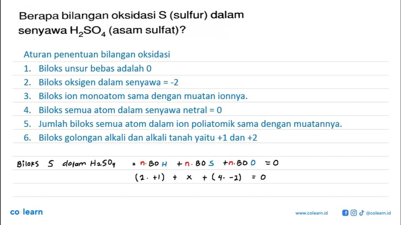 Berapa bilangan oksidasi S (sulfur) dalam senyawa H2SO4