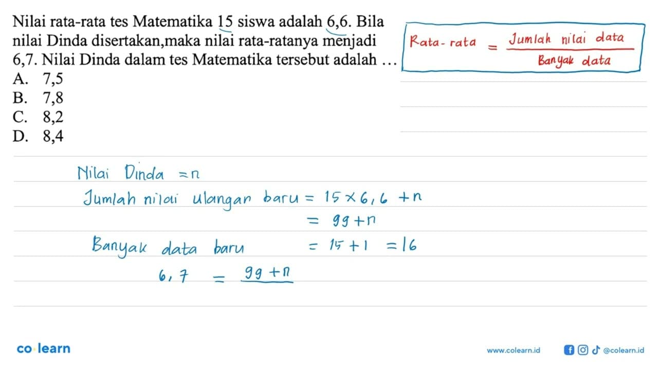 Nilai rata-rata tes Matematika 15 siswa adalah 6,6. Bila