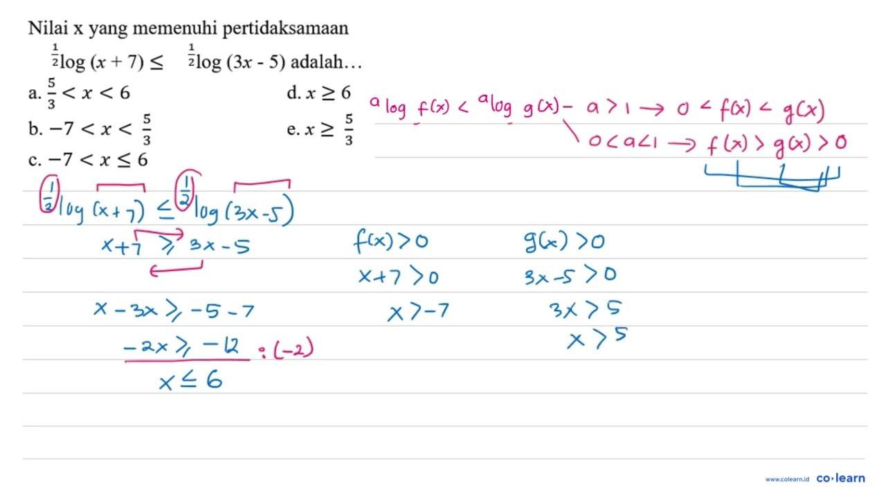 Nilai x yang memenuhi pertidaksamaan (1/2)log(x+ 7) <=