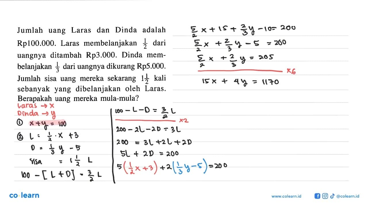 Jumlah uang Laras dan Dinda adalah Rp100.000. Laras