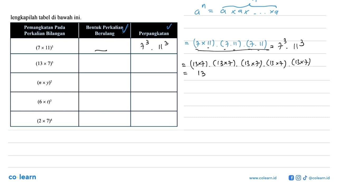 lengkapilah tabel di bawah ini. Pemangkatan Pada Perkalian