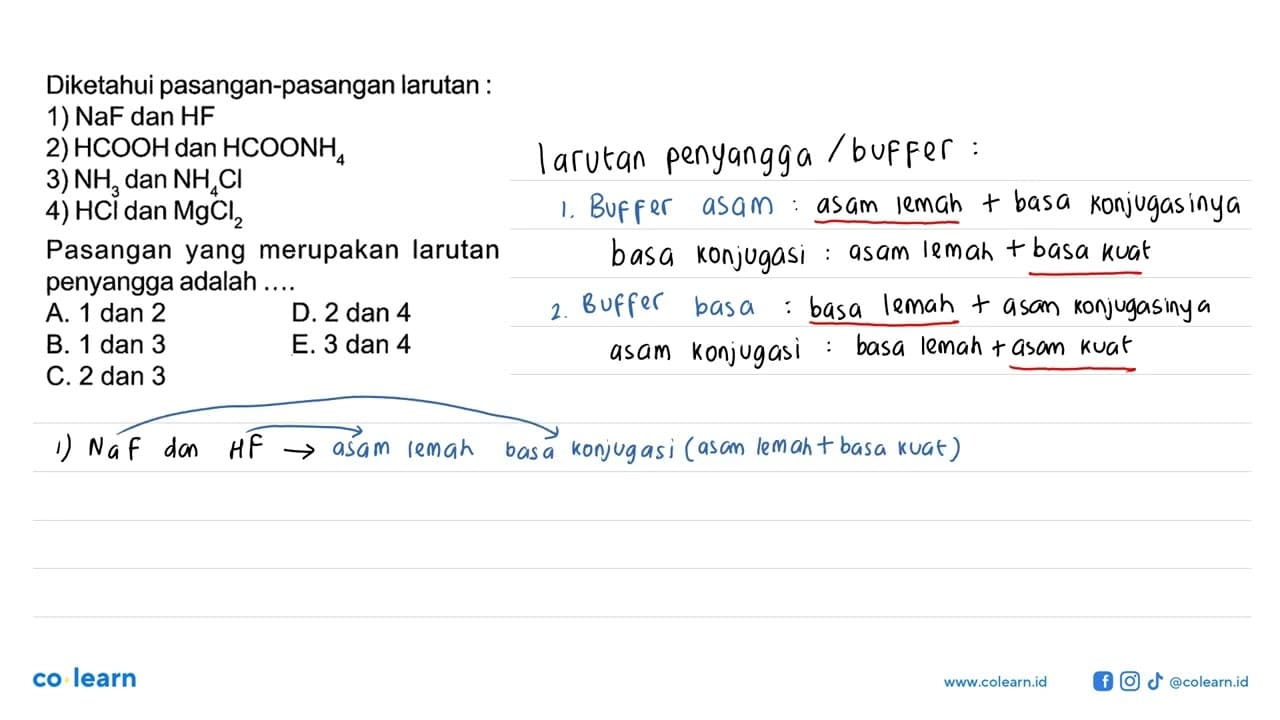 Diketahui pasangan-pasangan larutan : 1) NaF dan HF 2)