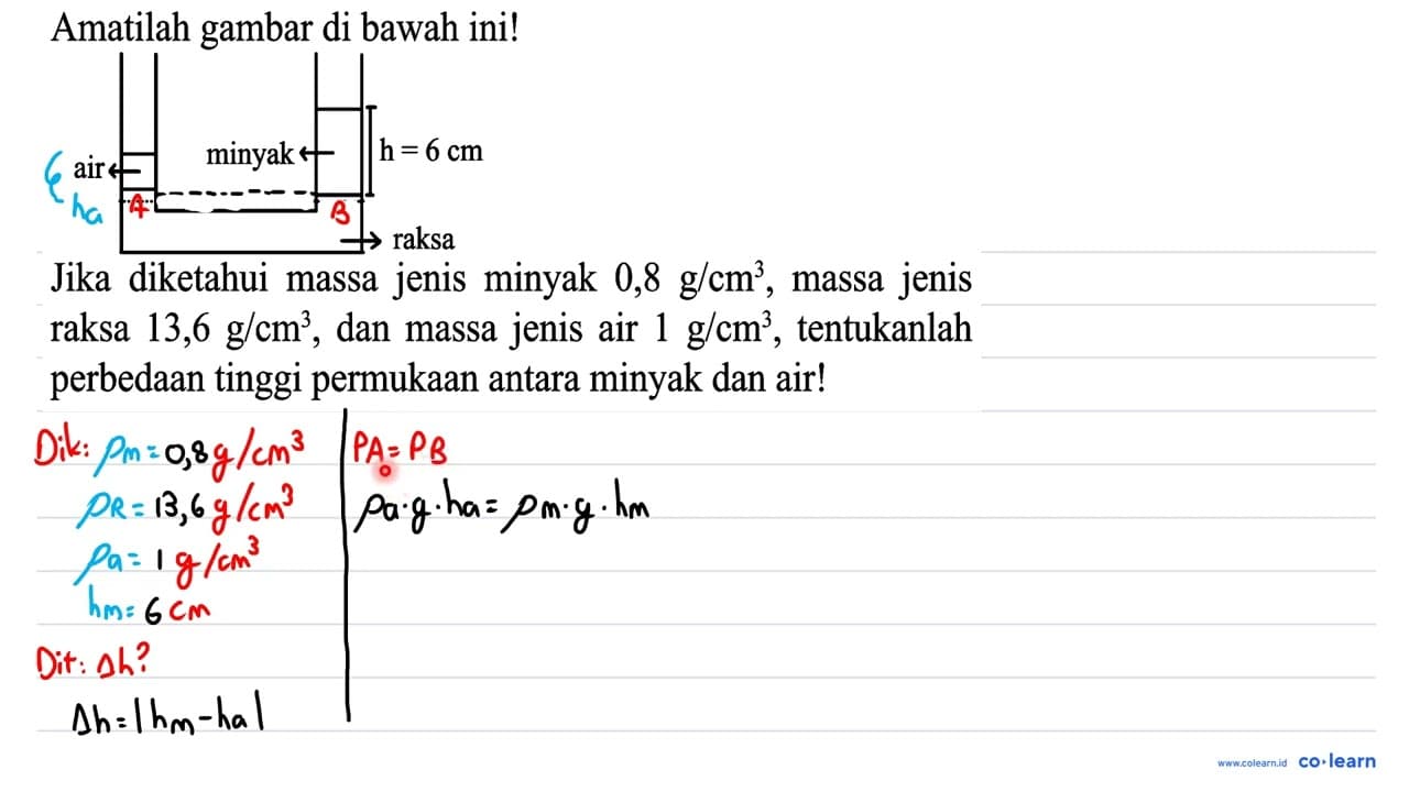 Amatilah gambar di bawah ini! air minyak h=6 raksa Jika