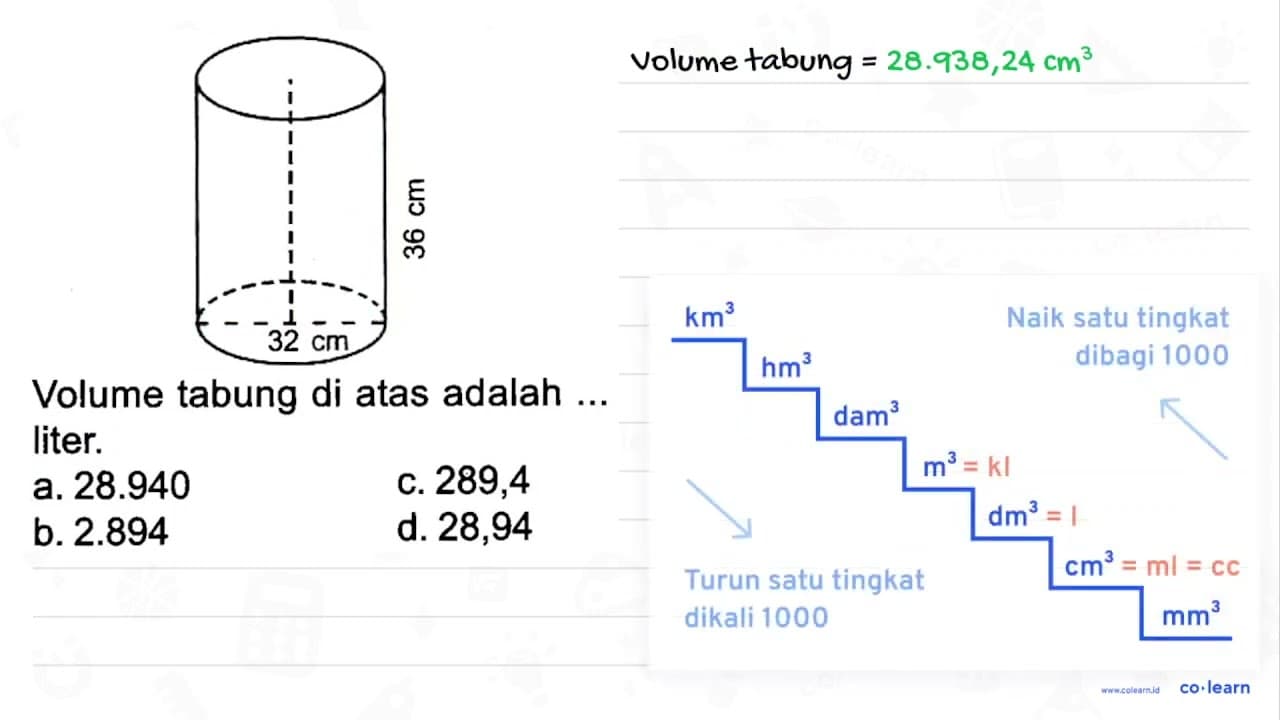 Volume tabung di atas adalah .. liter. a. 28.940 c. 289,4