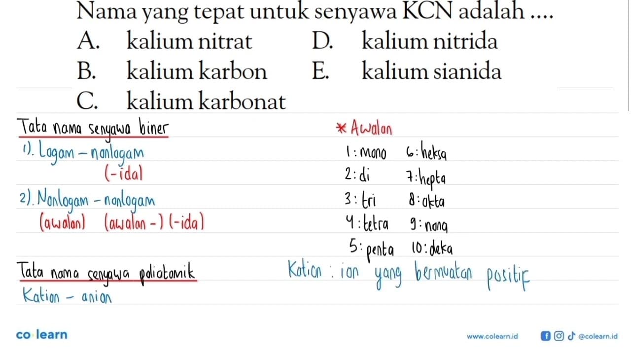 Nama yang tepat untuk senyawa KCN adalah ....