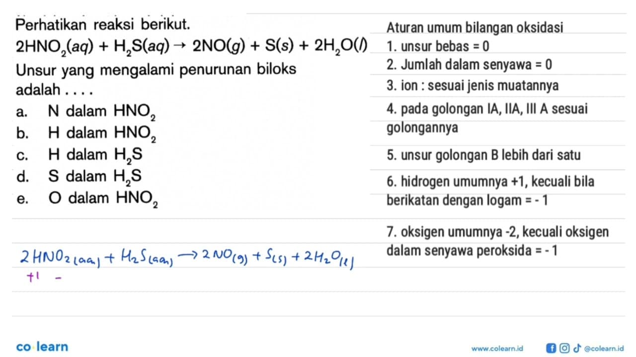 Perhatikan reaksi berikut. 2HNO2(aq)+H2S(aq) ->