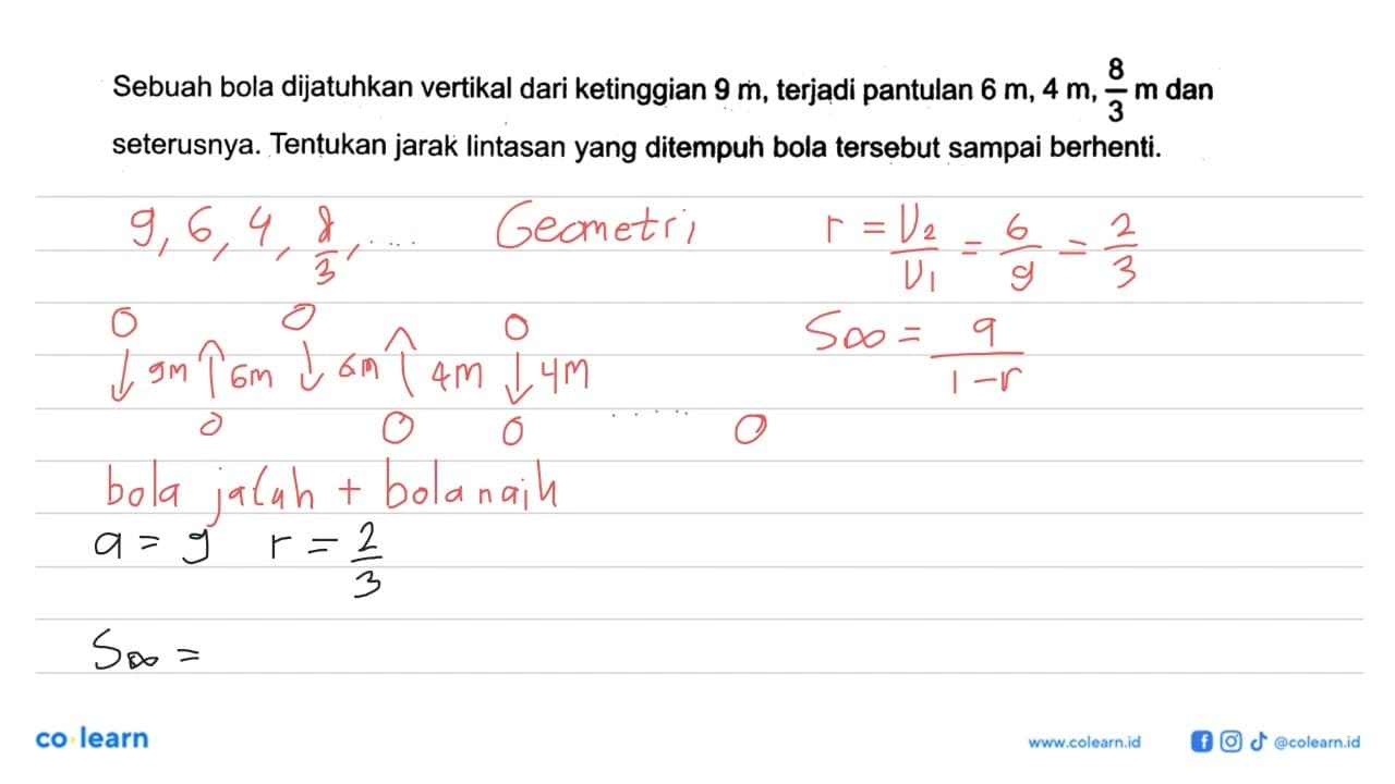 Sebuah bola dijatuhkan vertikal dari ketinggian 9 m,