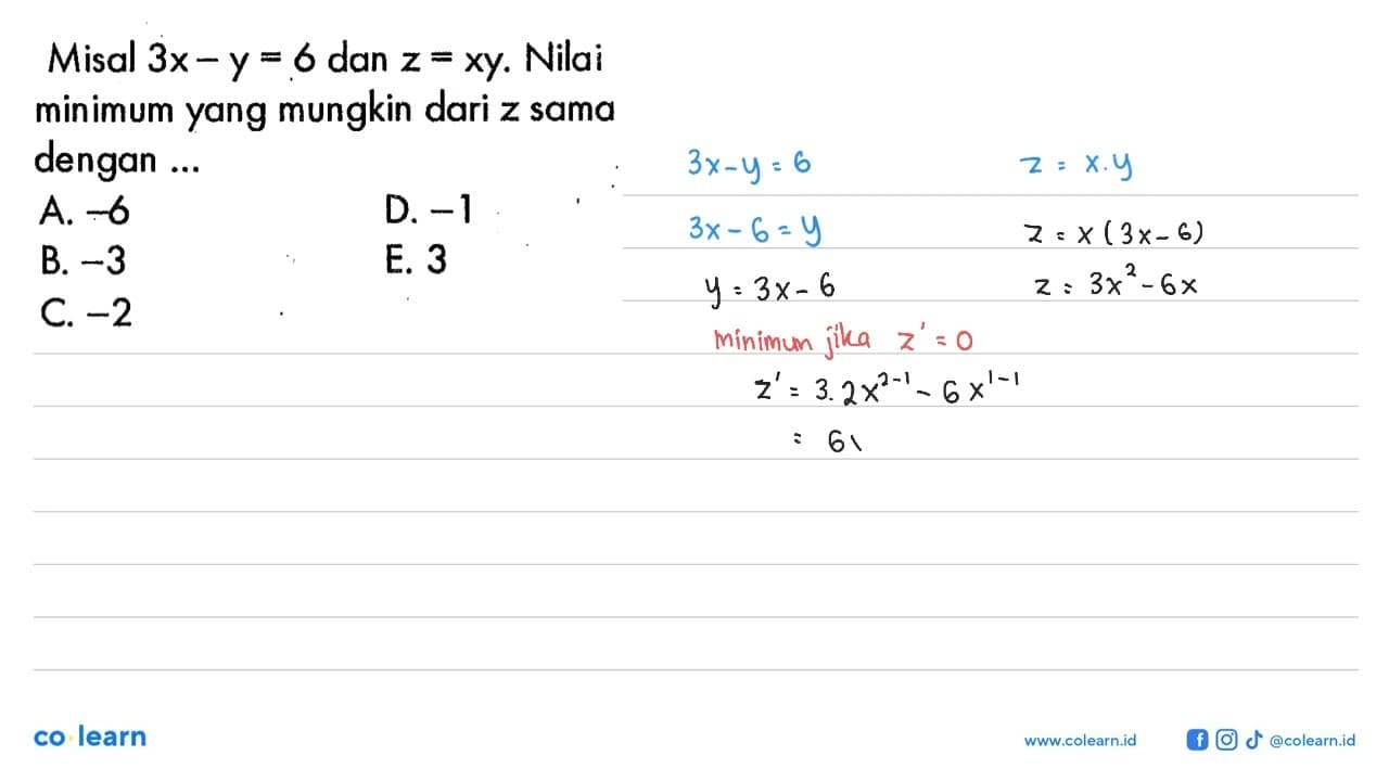 Misal 3x-y=6 dan z=xy. Nilai minimum yang mungkin dari z