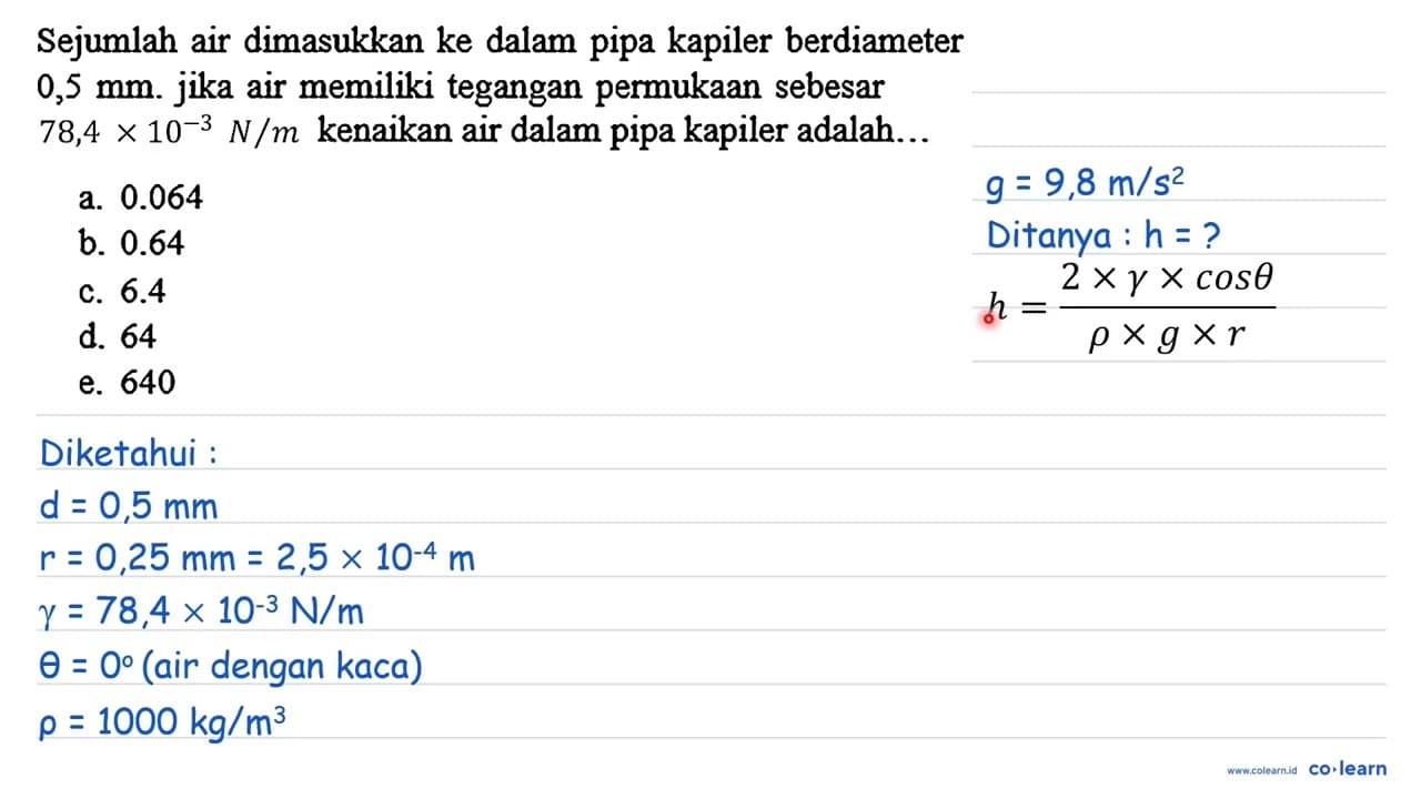 Sejumlah air dimasukkan ke dalam pipa kapiler berdiameter