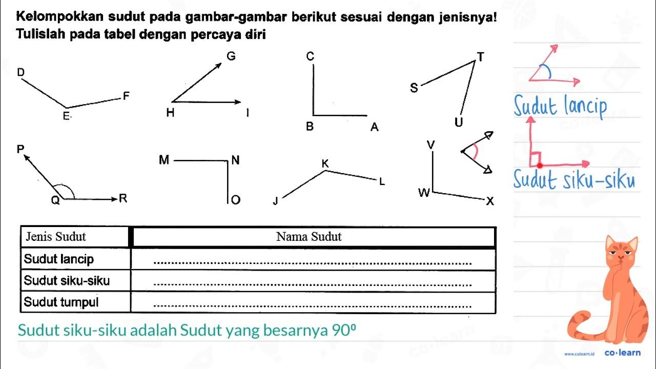 Kelompokkan sudut pada gambar-gambar berikut sesuai dengan