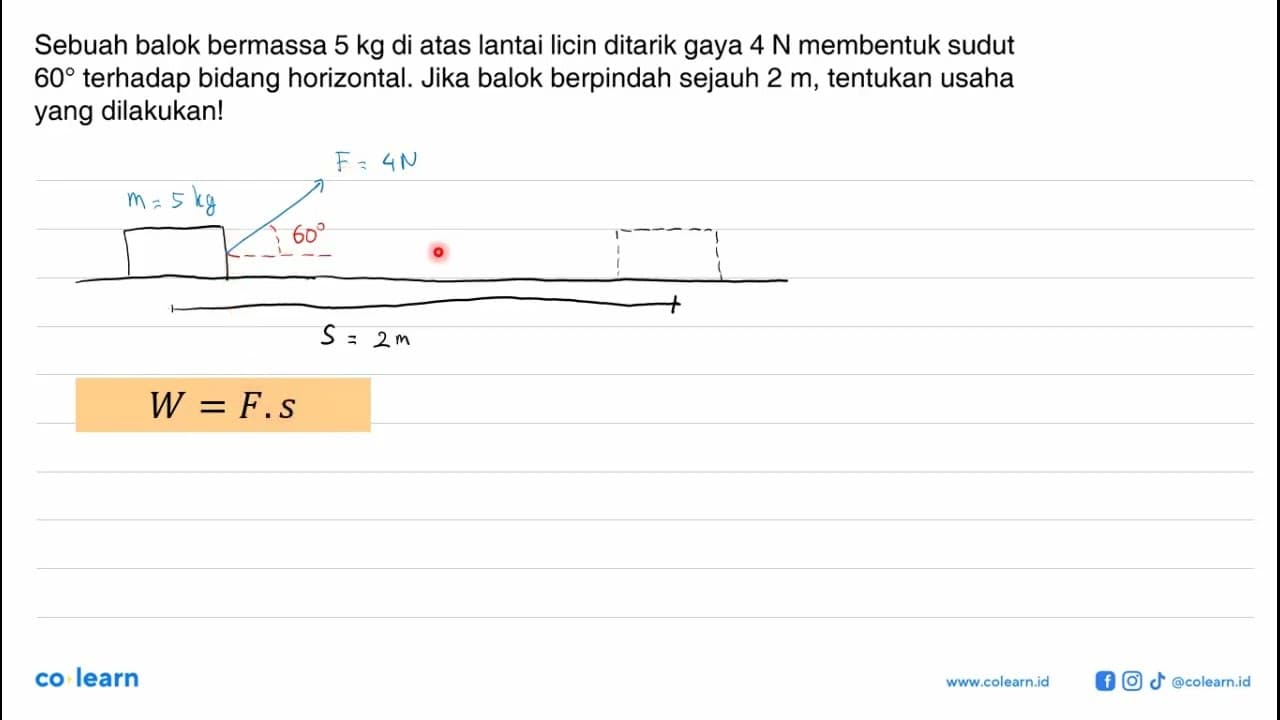 Sebuah balok bermassa 5 kg di atas lantai licin ditarik