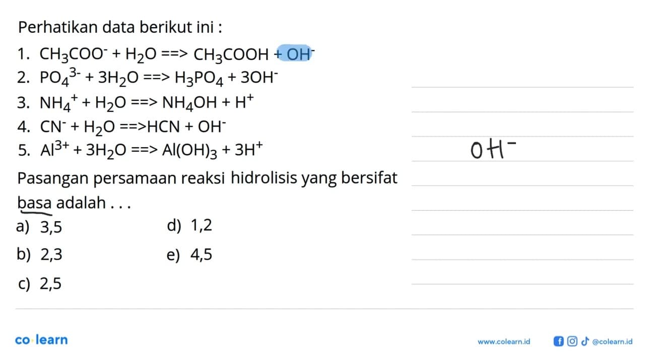 Perhatikan data berikut ini :1. CH3COO^- +H2O->CH3COOH+OH^-