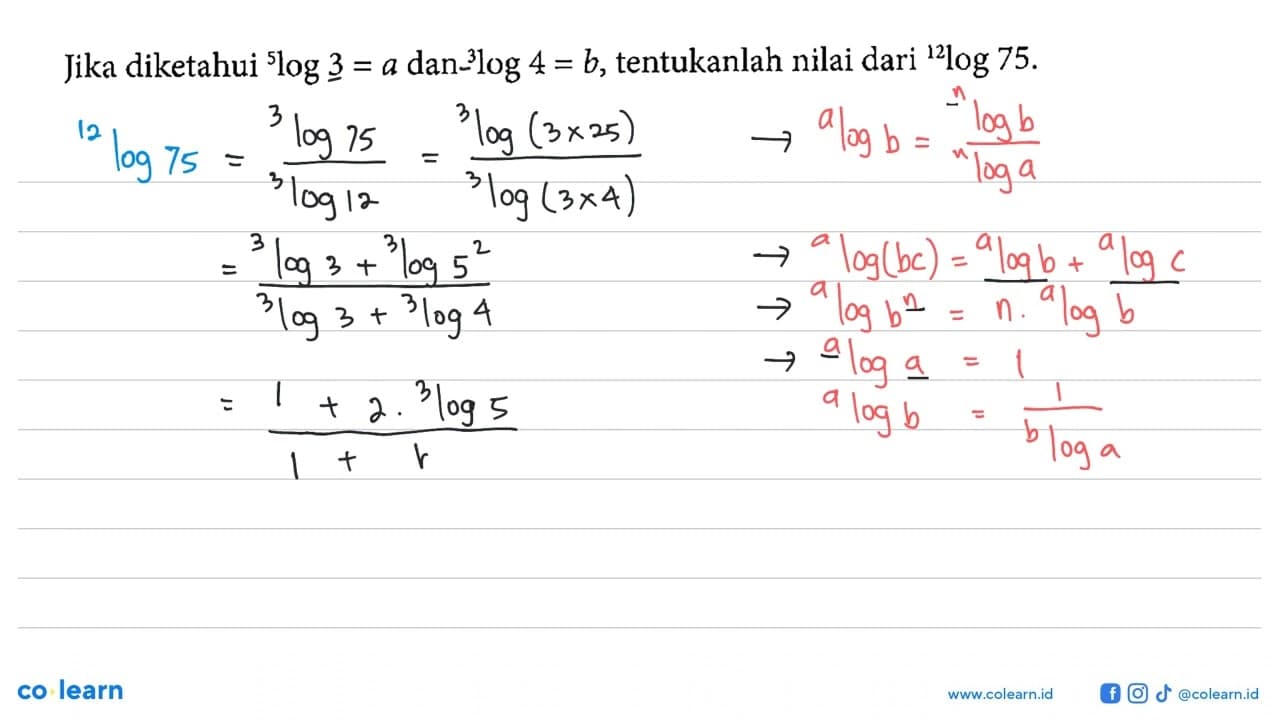 Jika diketahui 5log 3 = a dan 3log 4 = b, tentukanlah nilai