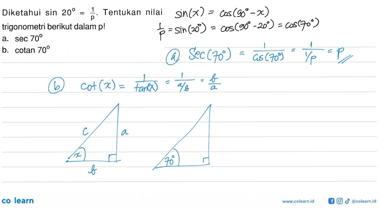 Diketahui sin 20=1/p. Tentukan nilai trigonometri berikut