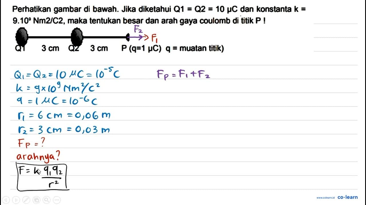 Perhatikan gambar di bawah. Jika diketahui Q 1=Q 2=10 mu C