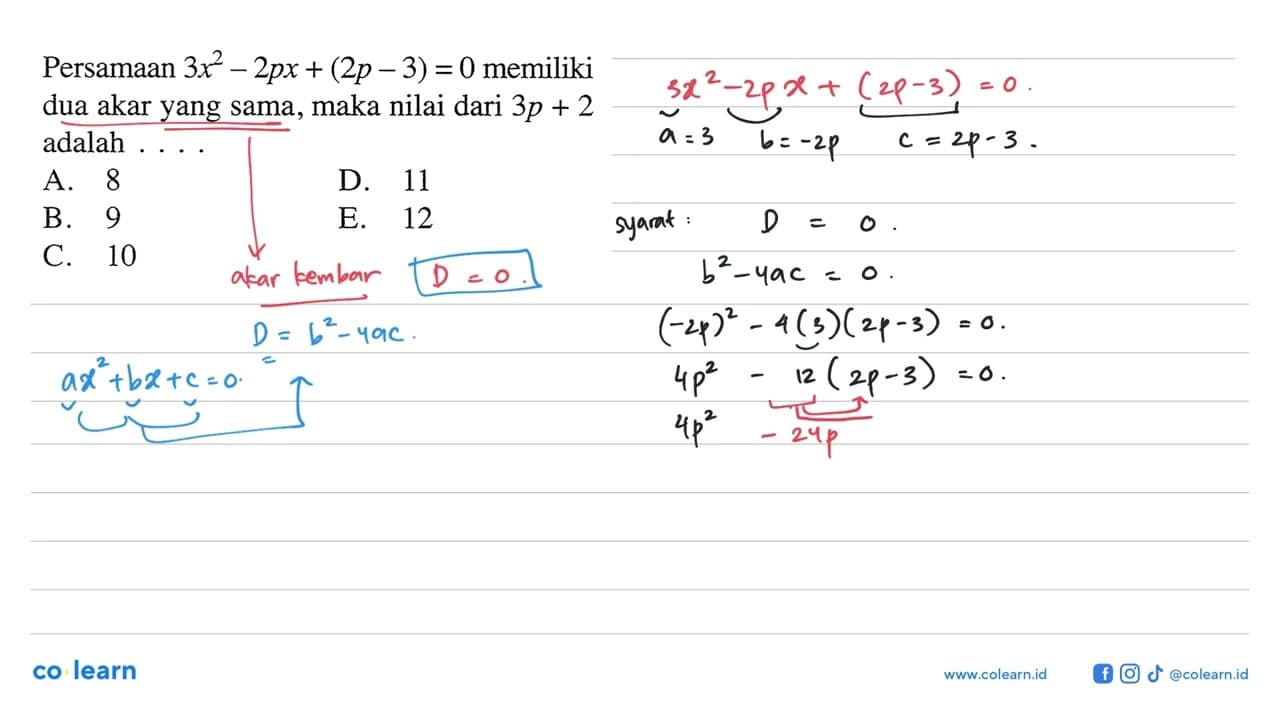 Persamaan 3x^2-2px+(2p-3)=0 memiliki dua akar yang sama,