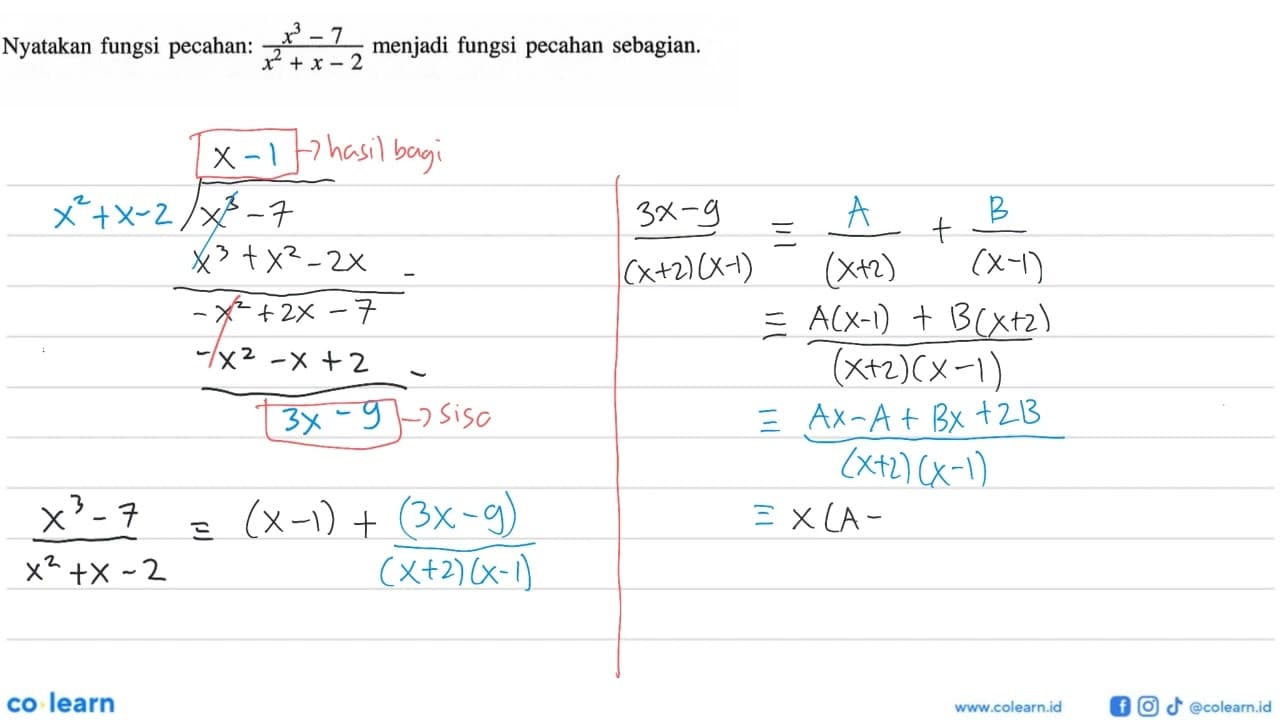 Nyatakan fungsi pecahan: (x^3-7)/(x^2+x-2) menjadi fungsi