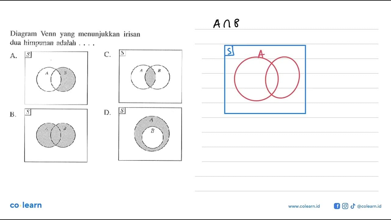 Diagram Venn yang menunjukkan irisan dua himpunan adalah...