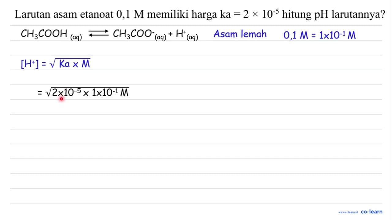 Larutan asam etanoat 0,1 M memiliki harga ka =2 x 10^(-5)