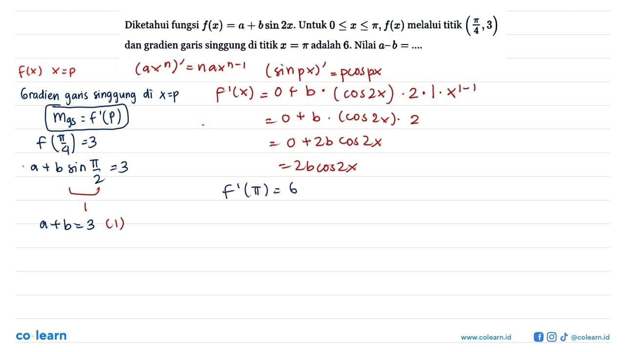 Diketahui fungsi f(x) = a + bsin 2x. Untuk 0 =< x <= pi,