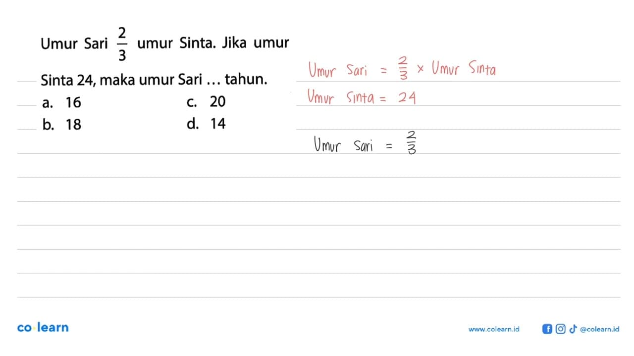 Umur Sari 2/3 umur Sinta. Jika umur Sinta 24, maka umur