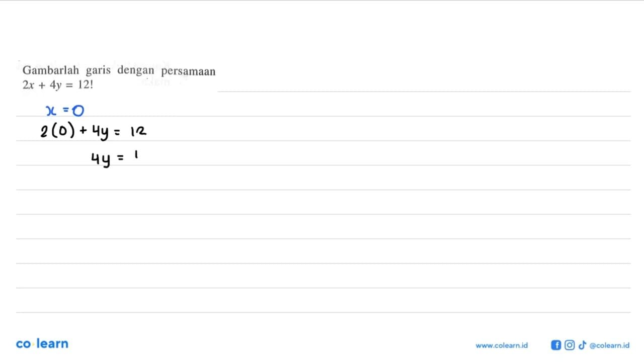 Gambarlah garis dengan persamaan 2x + 4y = 12!